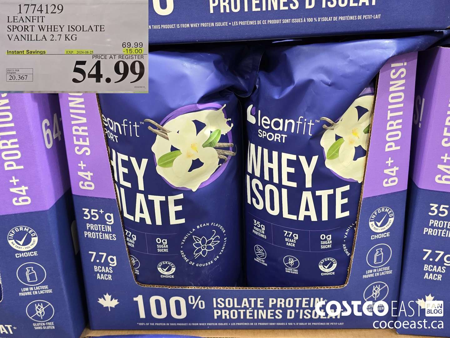 1774129 LEANFIT SPORT WHEY ISOLATE VANILLA 2.7 KG ($15.00 INSTANT SAVINGS EXPIRES ON 2024-08-25) $54.99