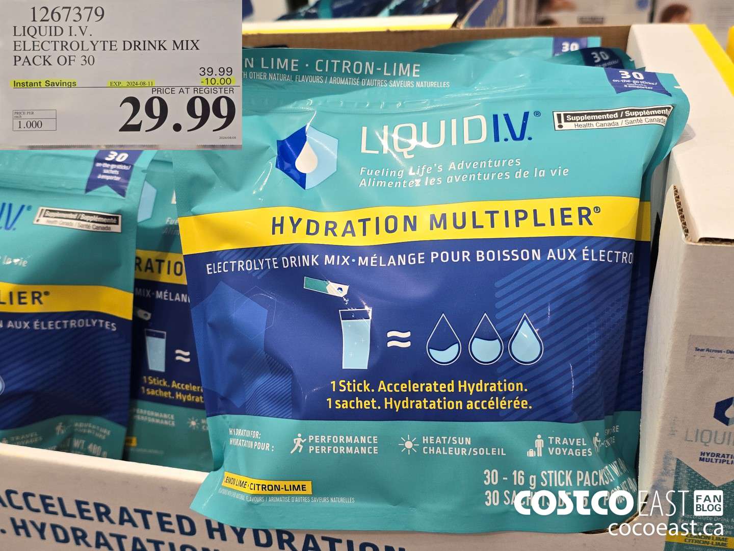 1267379 LIQUID I.V. ELECTROLYTE DRINK MIX PACK OF 30 ($10.00 INSTANT SAVINGS EXPIRES ON 2024-08-11) $29.99