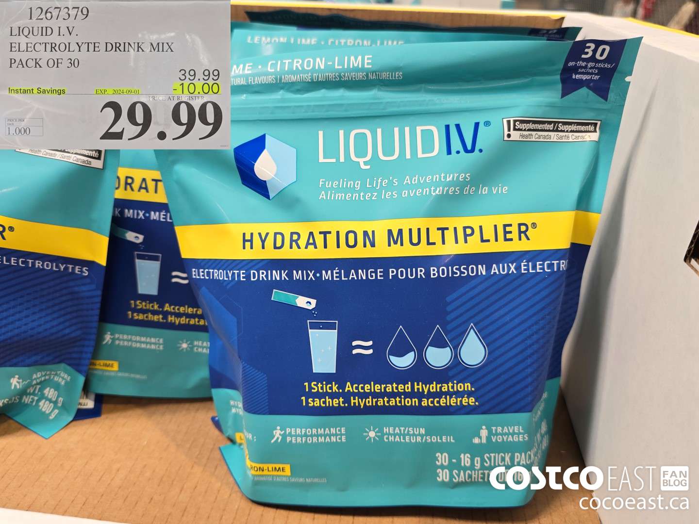 1267379 LIQUID I.V. ELECTROLYTE DRINK MIX PACK OF 30 ($10.00 INSTANT SAVINGS EXPIRES ON 2024-09-01) $29.99