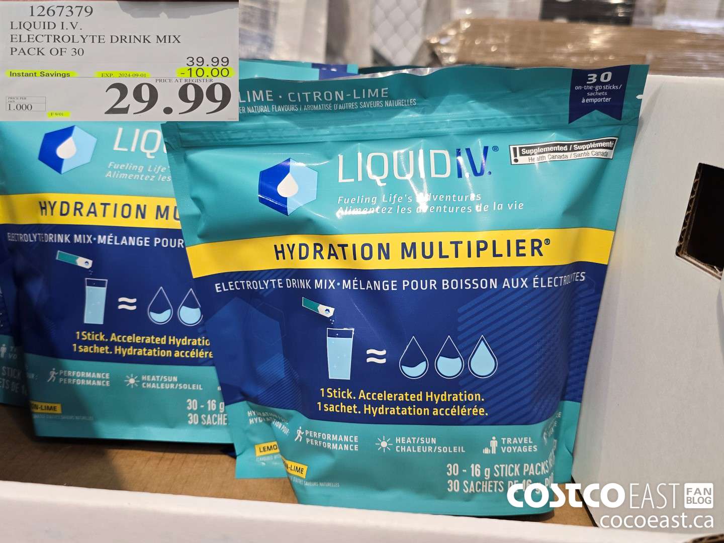 1267379 LIQUID I.V. ELECTROLYTE DRINK MIX PACK OF 30 ($10.00 INSTANT SAVINGS EXPIRES ON 2024-09-01) $29.99