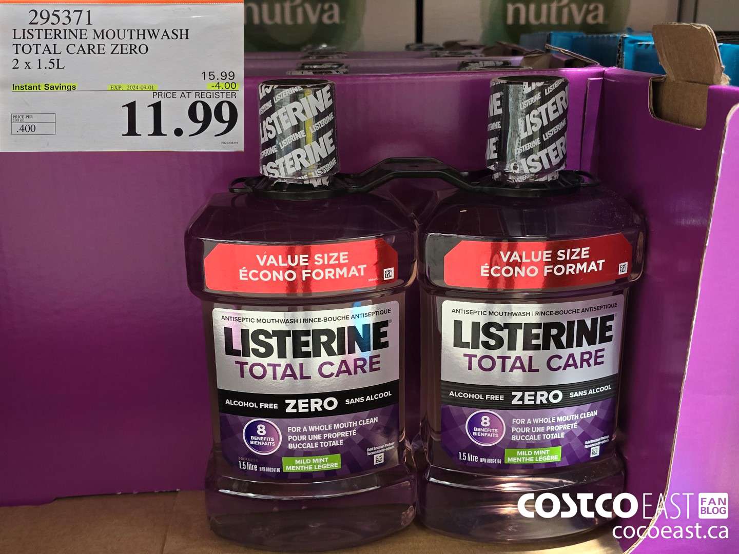 295371 LISTERINE MOUTHWASH TOTAL CARE ZERO 2 X 1.5L ($4.00 INSTANT SAVINGS EXPIRES ON 2024-09-01) $11.99