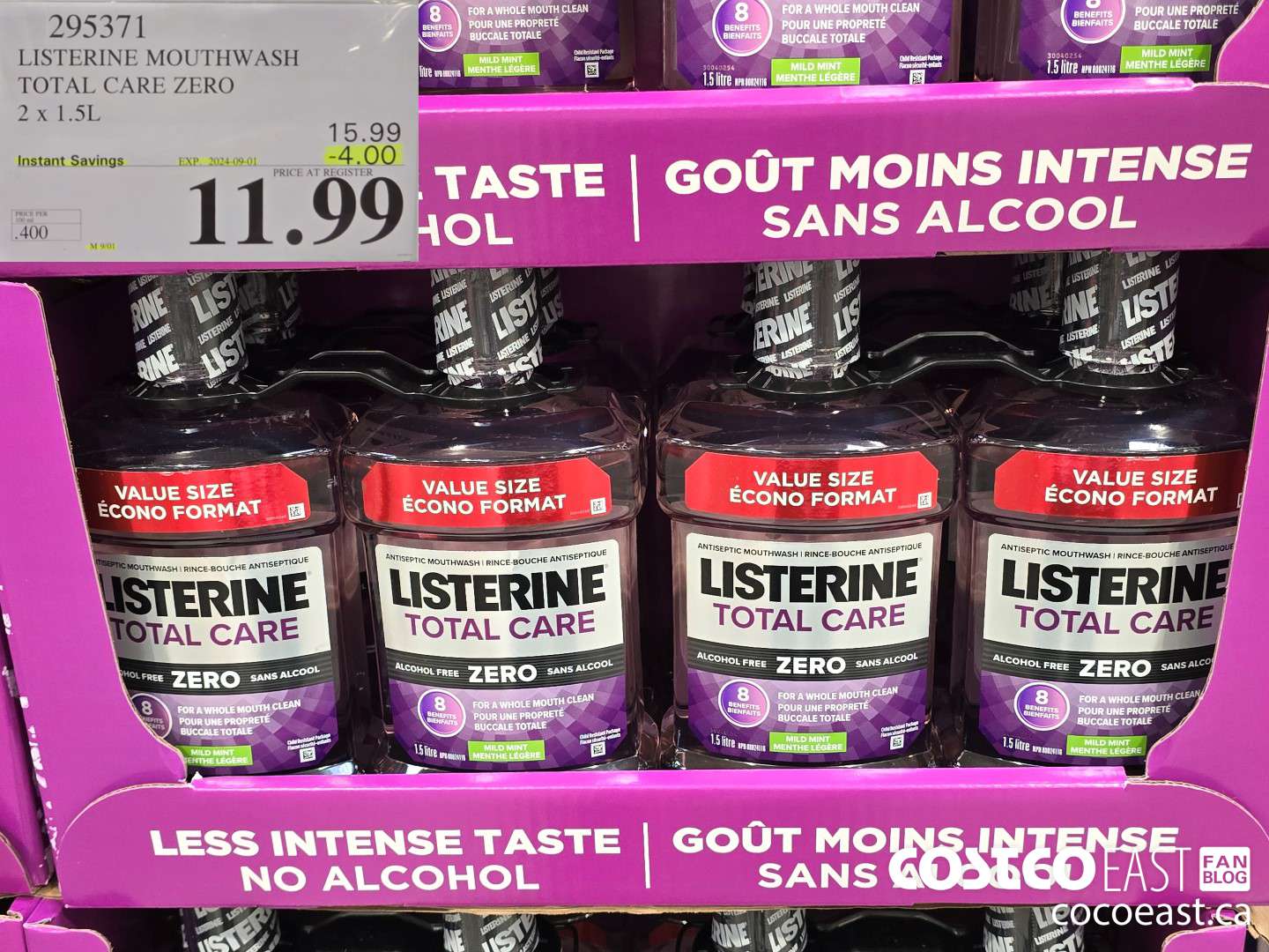 295371 LISTERINE MOUTHWASH TOTAL CARE ZERO 2 X 1.5L ($4.00 INSTANT SAVINGS EXPIRES ON 2024-09-01) $11.99