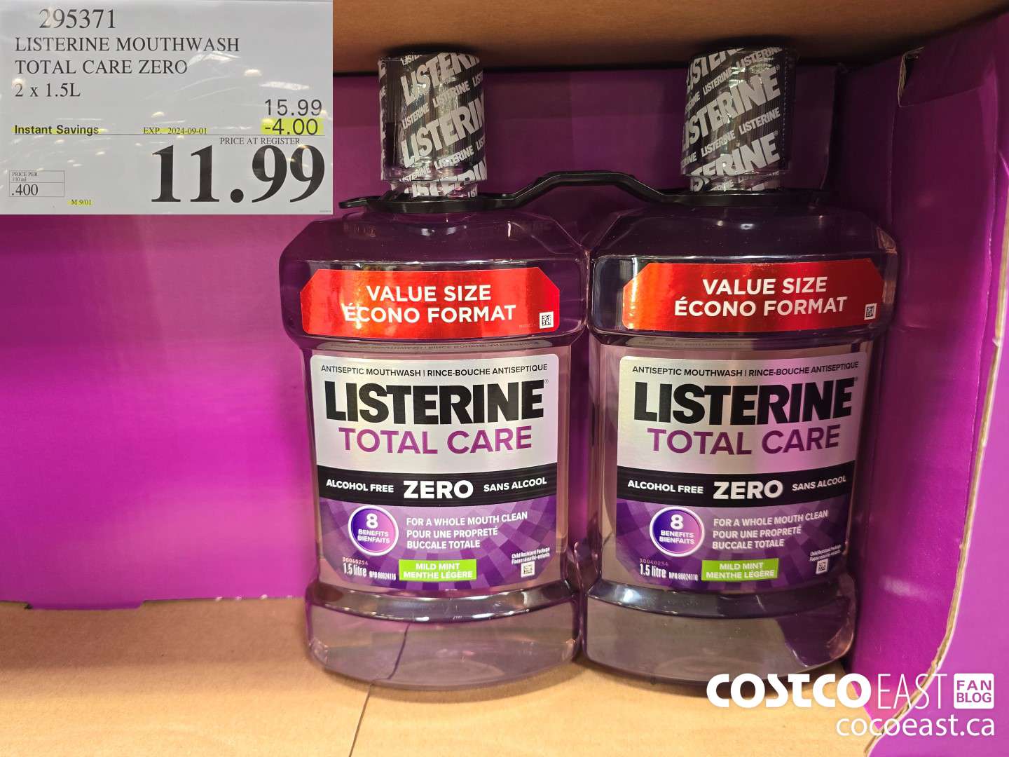 295371 LISTERINE MOUTHWASH TOTAL CARE ZERO 2 X 1.5L ($4.00 INSTANT SAVINGS EXPIRES ON 2024-09-01) $11.99