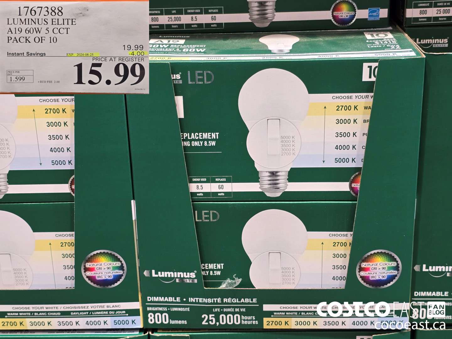 1767388 LUMINUS ELITE A19 60W 5 CCT PACK OF 10 ($4.00 INSTANT SAVINGS EXPIRES ON 2024-08-25) $15.99