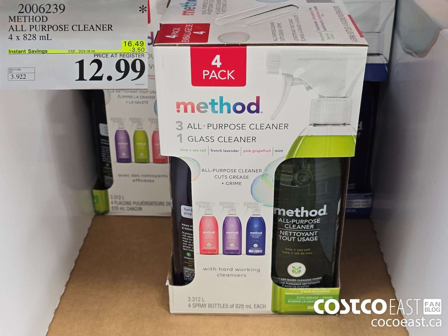 2006239 METHOD ALL PURPOSE CLEANER 4x 828 mL ($3.50 INSTANT SAVINGS EXPIRES ON 2024-08-04) $12.99