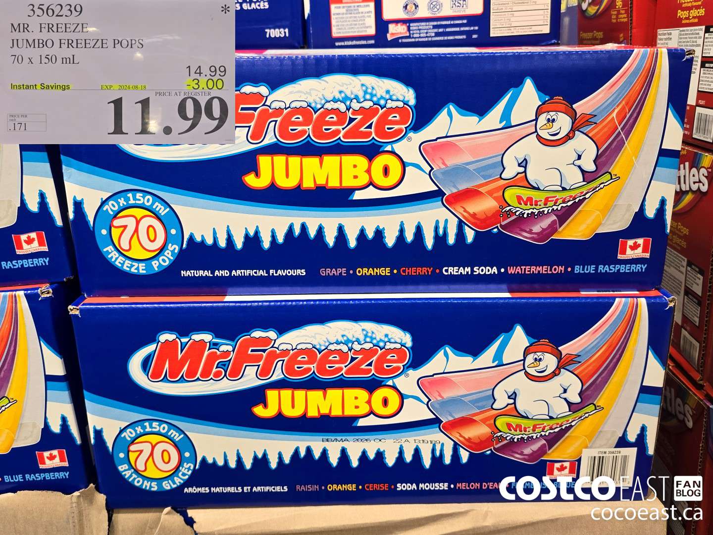 356239 MR. FREEZE JUMBO FREEZE POPS 70 X 150 ML ($3.00 INSTANT SAVINGS EXPIRES ON 2024-08-18) $11.99