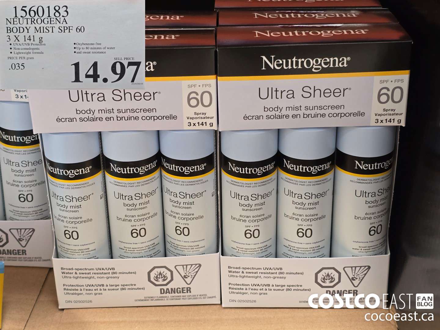 1560183 NEUTROGENA BODY MIST SPF 60 3 X 141 g $14.97