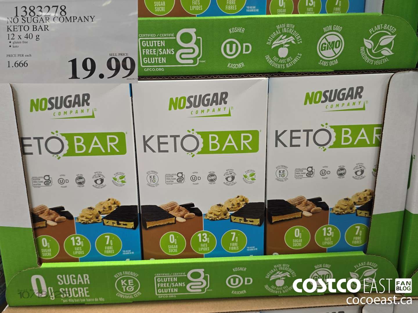 1383278 NO SUGAR COMPANY NO SUGAR KETO BARS 12 x 40g $19.99