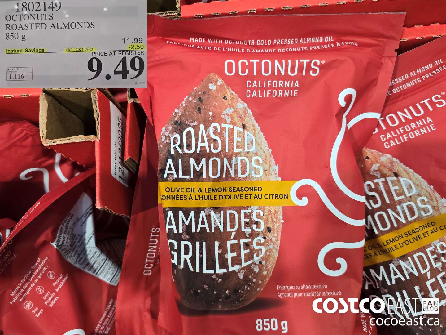 1802149 OCTONUTS ROASTED ALMONDS 850 G ($2.50 INSTANT SAVINGS EXPIRES ON 2024-09-03) $9.49