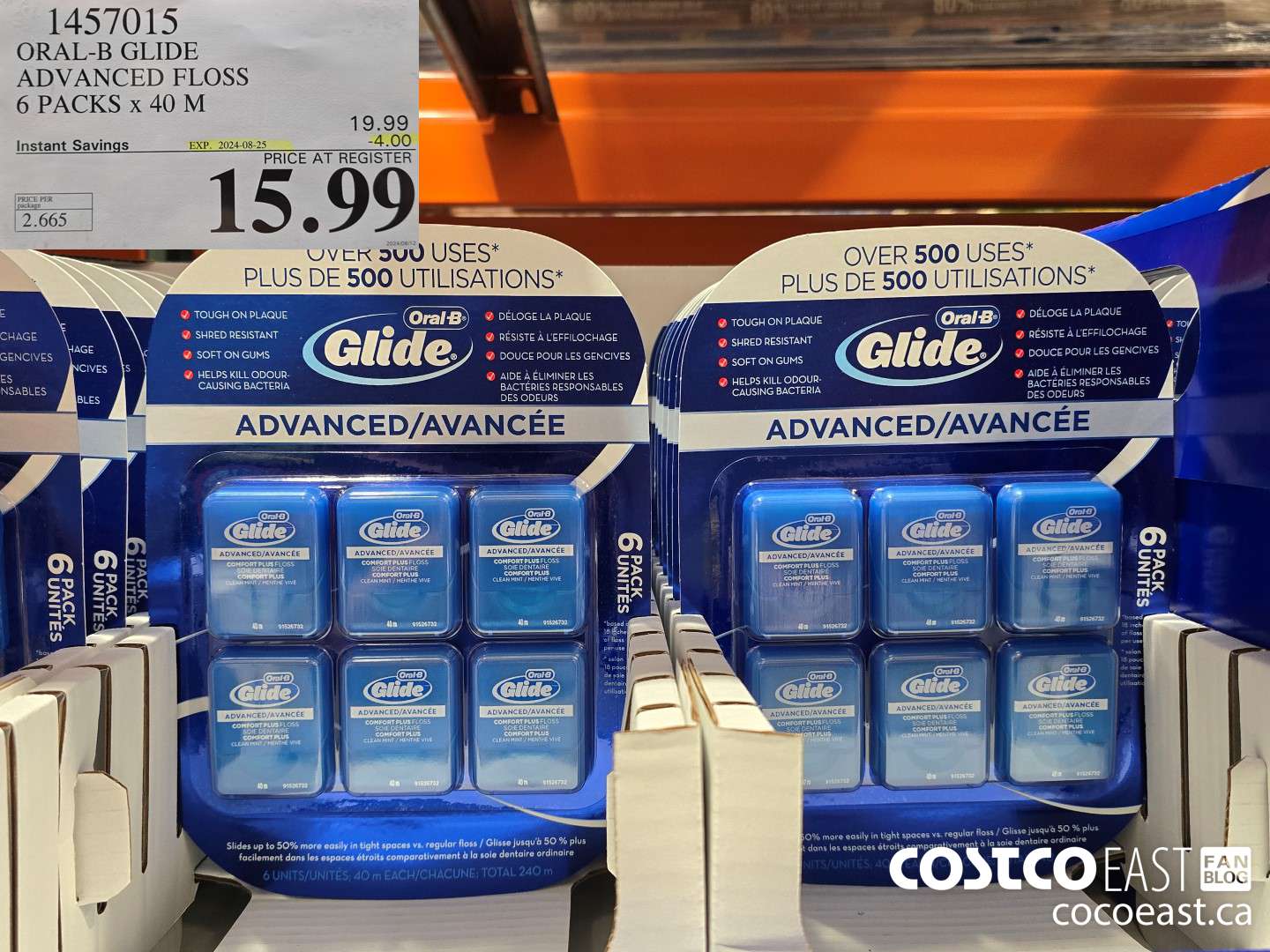 1457015 ORAL-B GLIDE ADVANCED FLOSS 6 PACKS X 40 M ($4.00 INSTANT SAVINGS EXPIRES ON 2024-08-25) $15.99