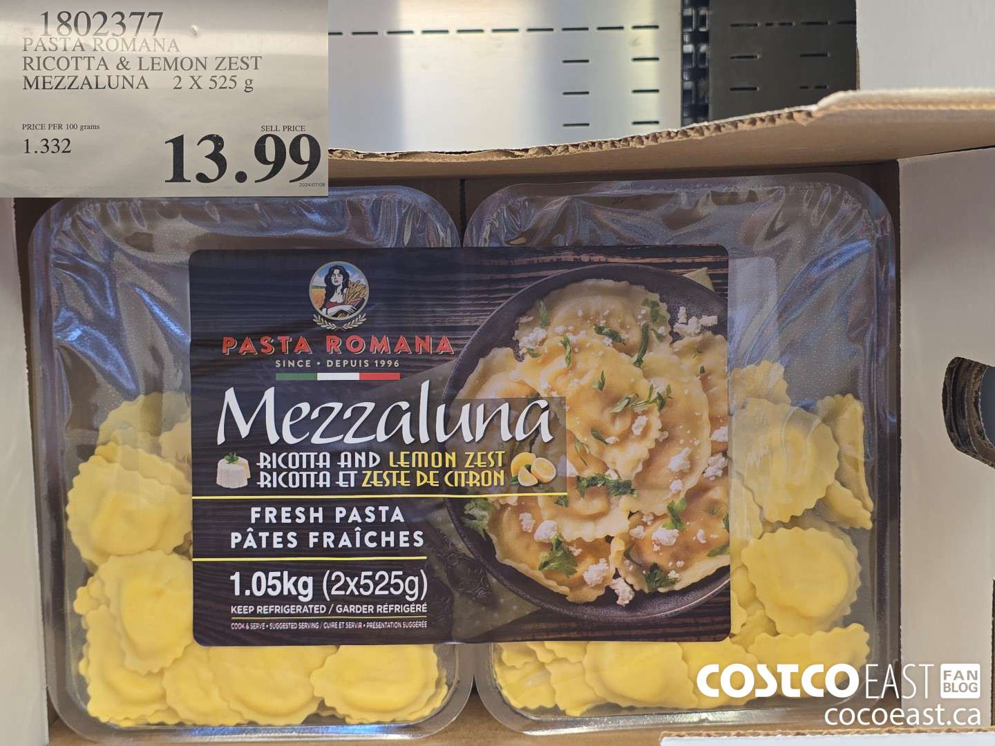 1802377 PASTA ROMANA RICOTTA & LEMON ZEST MEZZALUNA 2 X 525G $13.99