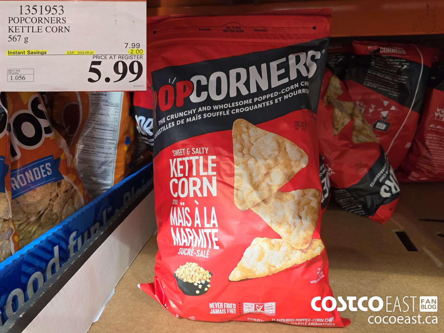 1351953 POPCORNERS KETTLE POPPED CHIPS 567 G ($2.00 INSTANT SAVINGS EXPIRES ON 2024-09-01) $5.99