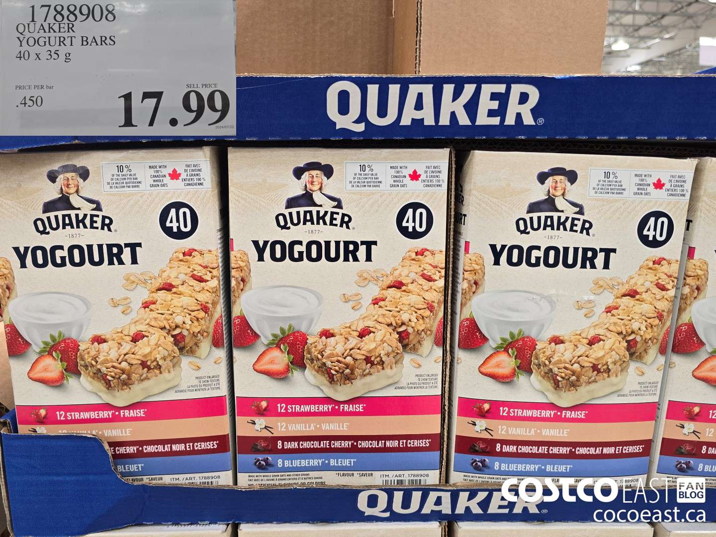 1788908 QUAKER YOGURT BARS 40 x 35g $17.99