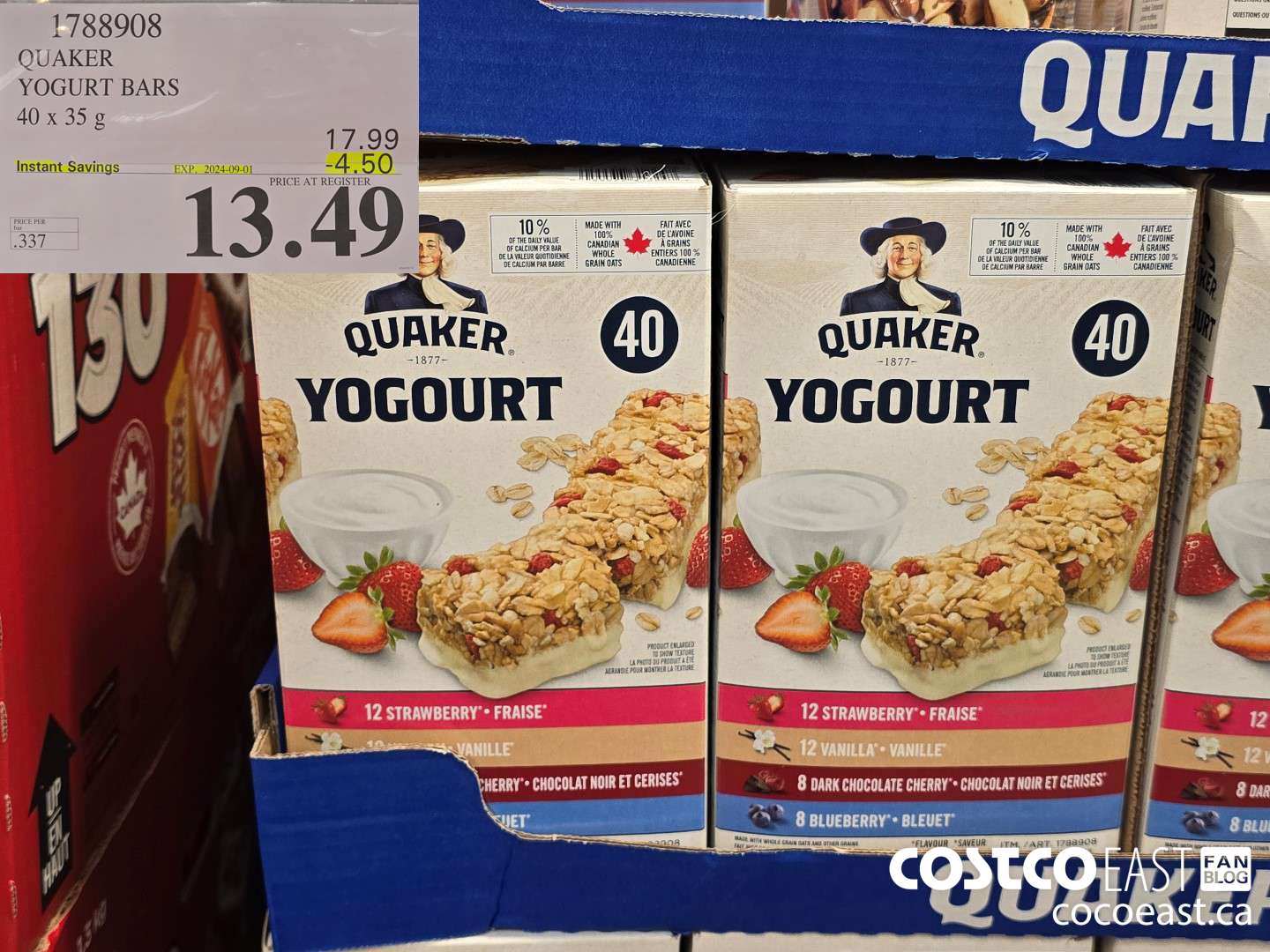 1788908 QUAKER YOGURT BARS 40 x 35g ($4.50 INSTANT SAVINGS EXPIRES ON 2024-09-01) $13.49