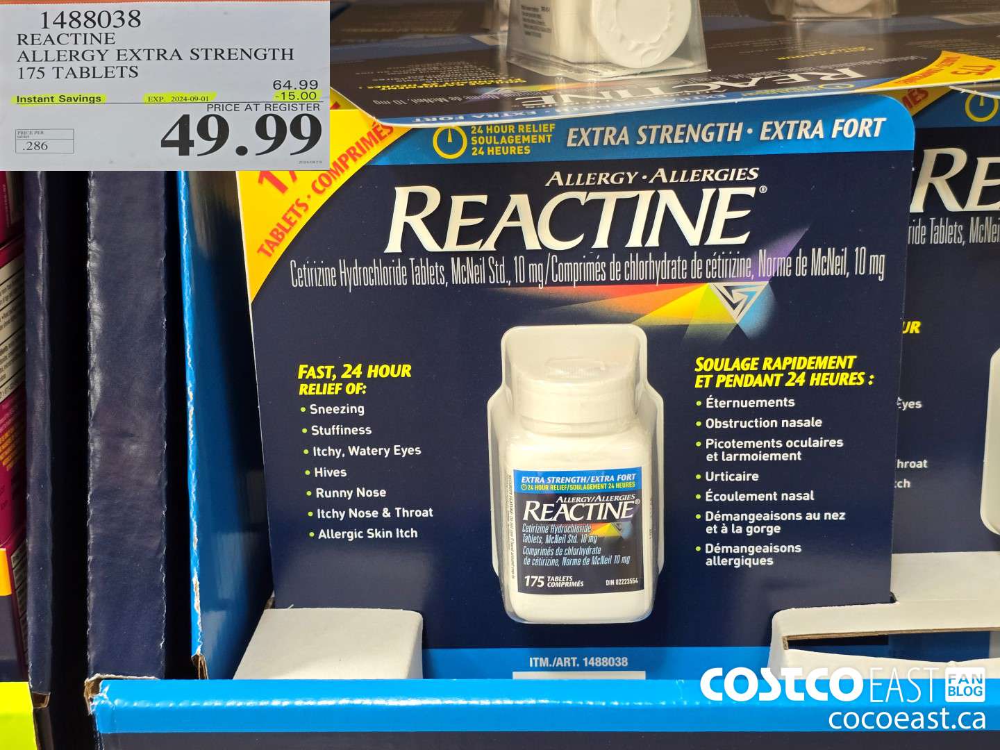 1488038 REACTINE ALLERGY EXTRA STRENGTH 175 TABLETS ($15.00 INSTANT SAVINGS EXPIRES ON 2024-09-01) $49.99