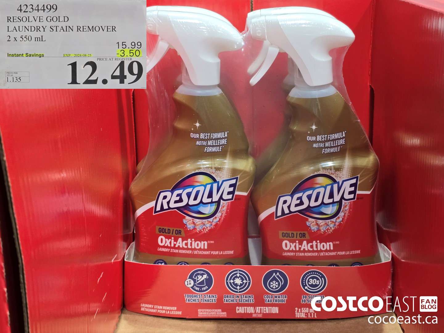 4234499 RESOLVE GOLD LAUNDRY STAIN REMOVER 2 x 550 mL ($3.50 INSTANT SAVINGS EXPIRES ON 2024-08-25) $12.49