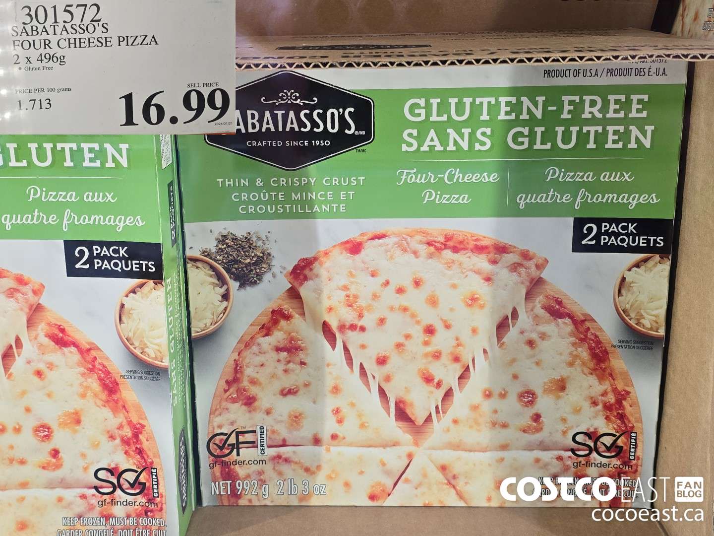 301572 SABATASSO'S FOUR CHEESE PIZZA 2 X 496G $16.99