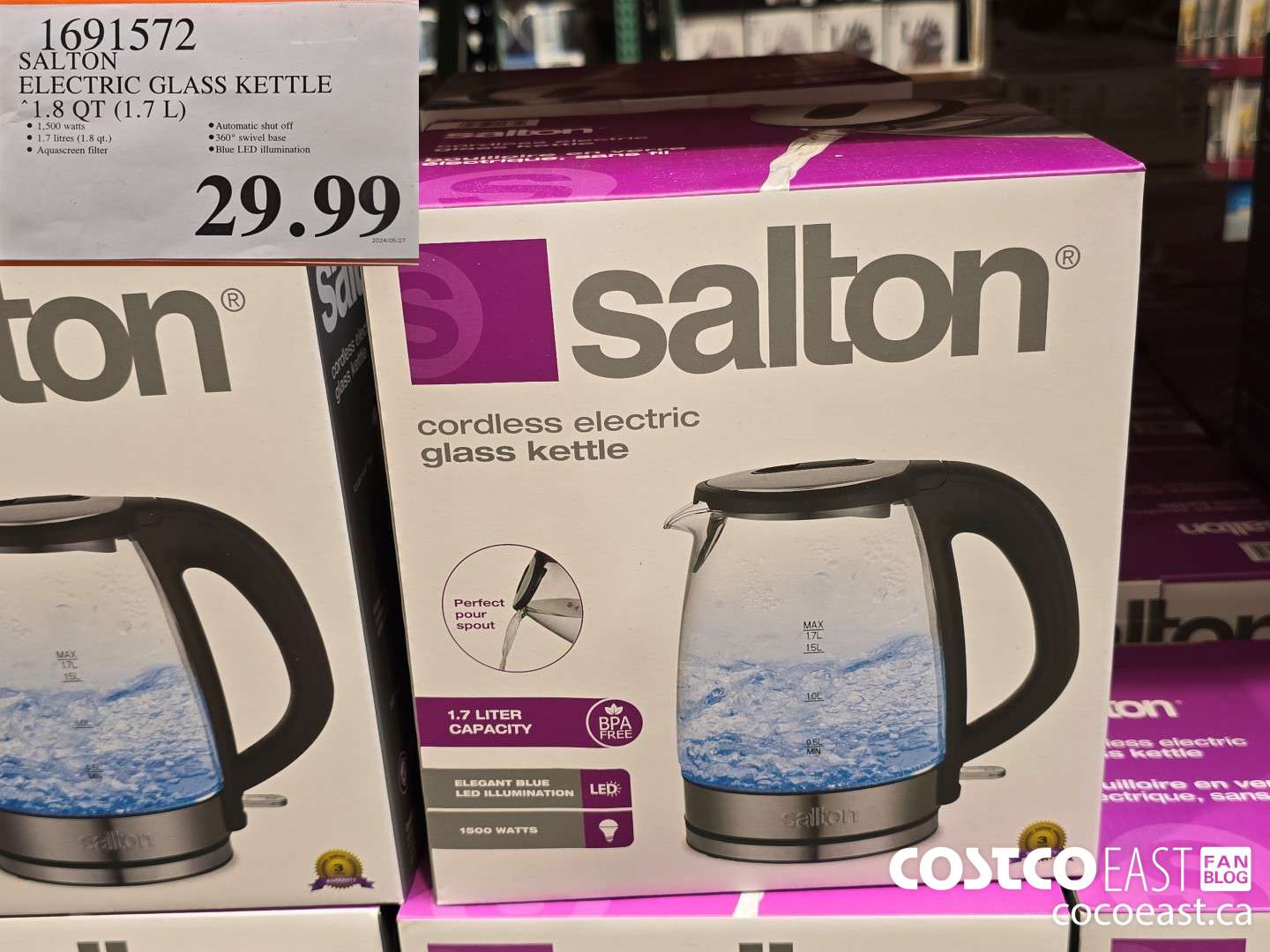 1691572 SALTON CORDLESS ELECTRIC GLASS KETTLE 1.8QT (1.7L) $29.99
