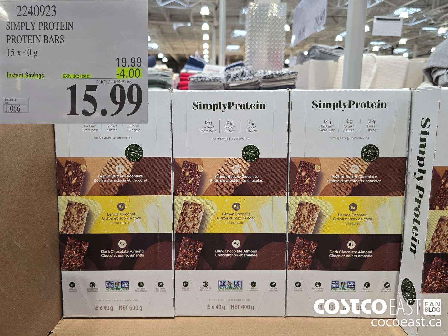 2240923 SIMPLY PROTEIN PROTEIN BARS 15 x 40 g ($4.00 INSTANT SAVINGS EXPIRES ON 2024-09-01) $15.99