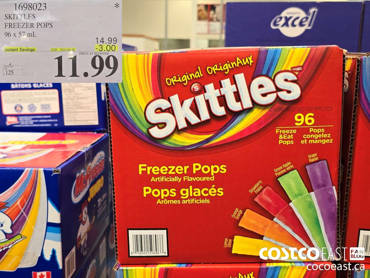 1698023 SKITTLES FREEZER POPS 96 x 59 mL ($3.00 INSTANT SAVINGS EXPIRES ON 2024-08-18) $11.99