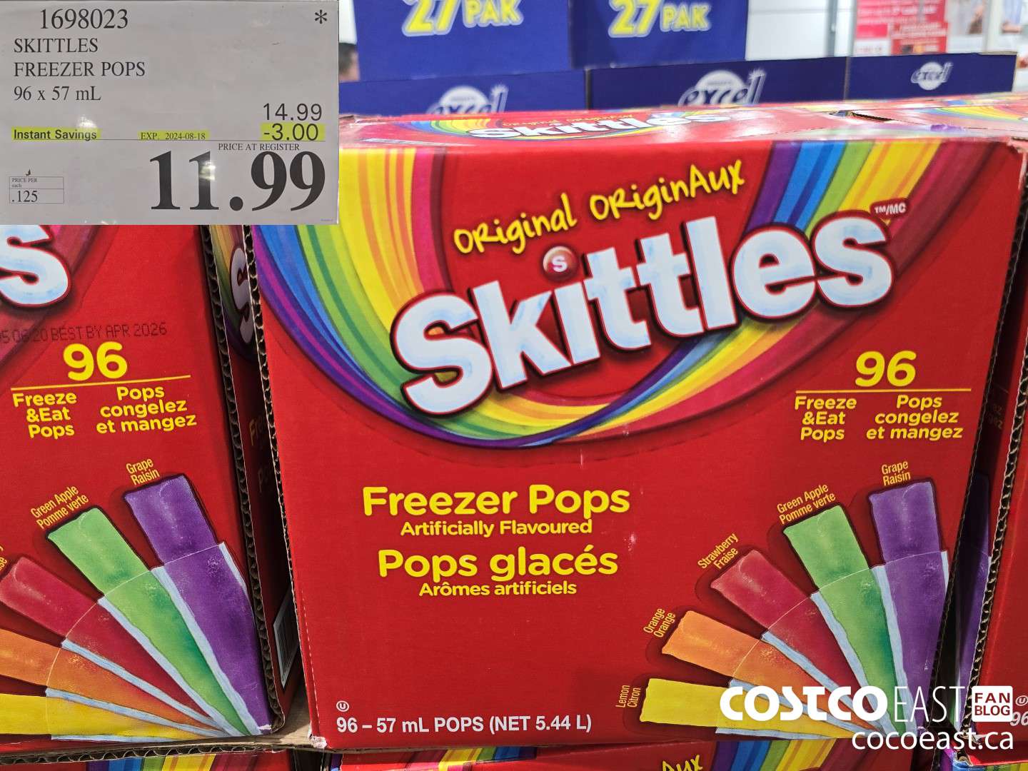 1698023 SKITTLES FREEZER POPS 96 x 59 mL ($3.00 INSTANT SAVINGS EXPIRES ON 2024-08-18) $11.99