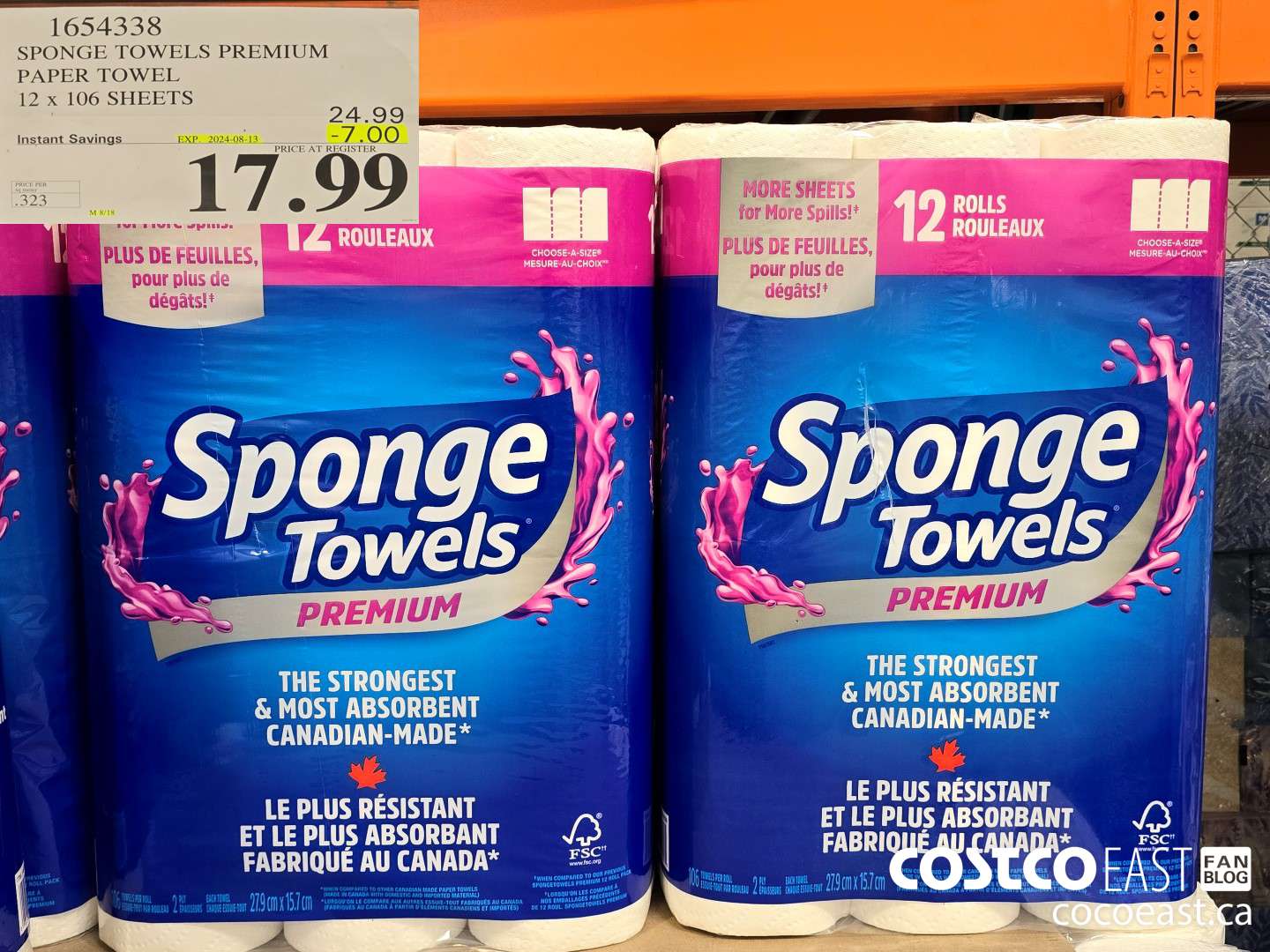 1654338 SPONGE TOWELS PREMIUM PAPER TOWEL 12 x 106 SHEETS ($7.00 INSTANT SAVINGS EXPIRES ON 2024-08-13) $17.99
