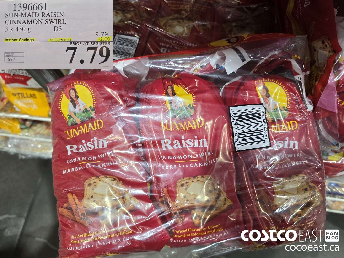 1396661 SUN-MAID RAISIN CINNAMON SWIRL 3 x 450 g ($2.00 INSTANT SAVINGS EXPIRES ON 2024-08-18) $7.79