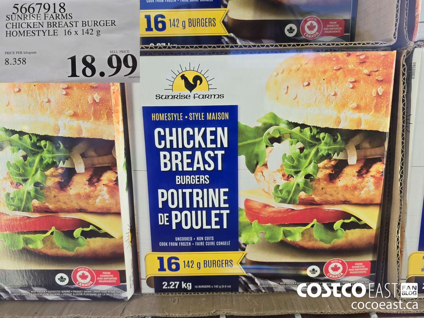 5667918 SUNRISE FARMS CHICKEN BREAST BURGER HOMESTYLE 16 X 142G $18.99