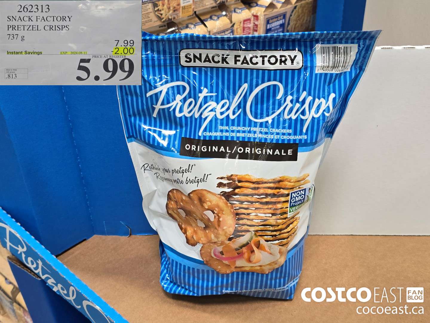 262313 THE SNACK FACTORY PRETZEL CRISPS 737 G ($2.00 INSTANT SAVINGS EXPIRES ON 2024-08-11) $5.99