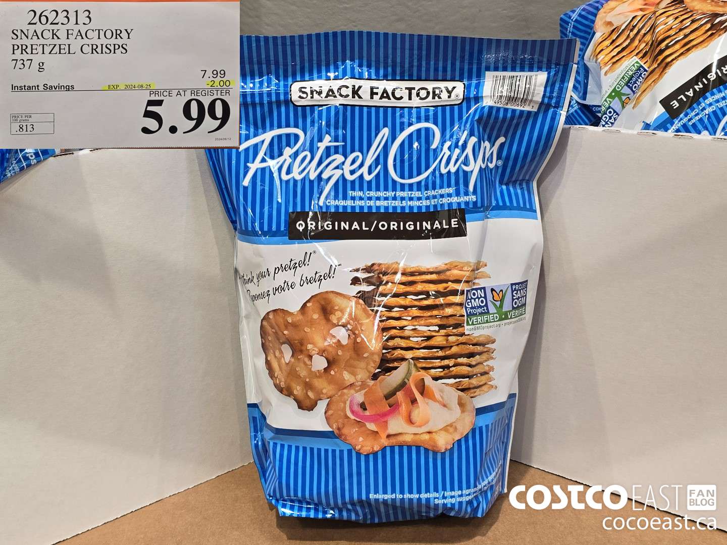 262313 THE SNACK FACTORY PRETZEL CRISPS 737 G ($2.00 INSTANT SAVINGS EXPIRES ON 2024-08-25) $5.99