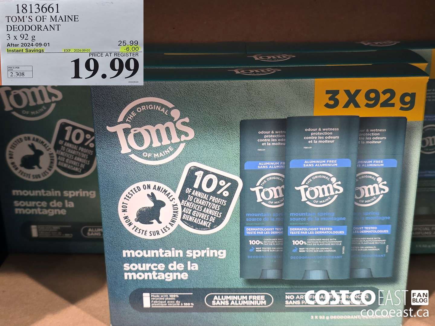 1813661 TOM'S OF MAINE DEODORANT 3 X 92 G ($6.00 INSTANT SAVINGS EXPIRES ON 2024-09-01) $19.99