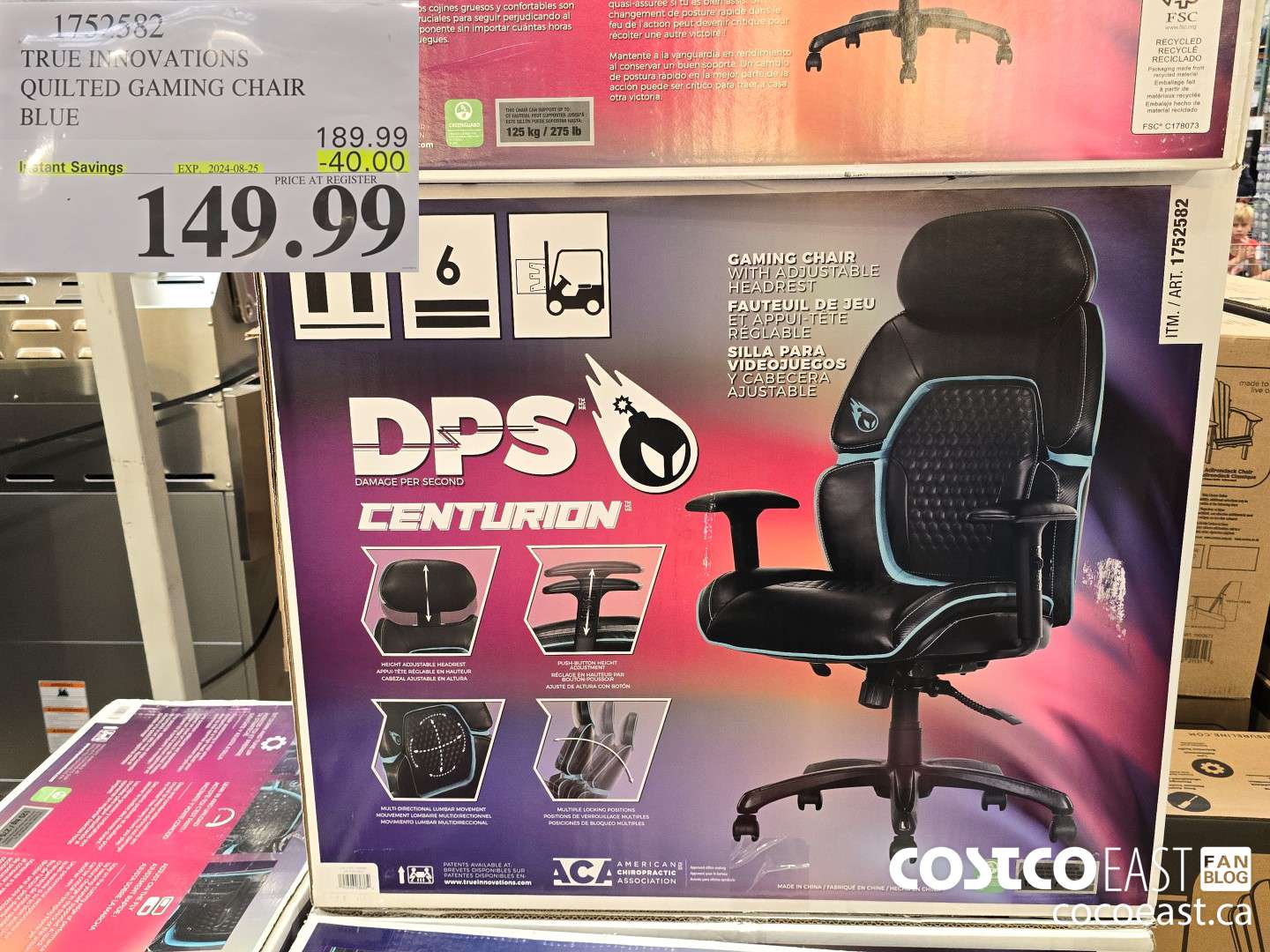 1752582 TRUE INNOVATIONS QUILTED GAMING CHAIR BLUE ($40.00 INSTANT SAVINGS EXPIRES ON 2024-08-25) $149.99