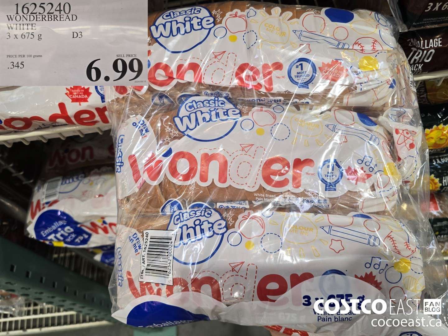 1625240 WONDERBREAD WHITE 3 X 675 G $6.99