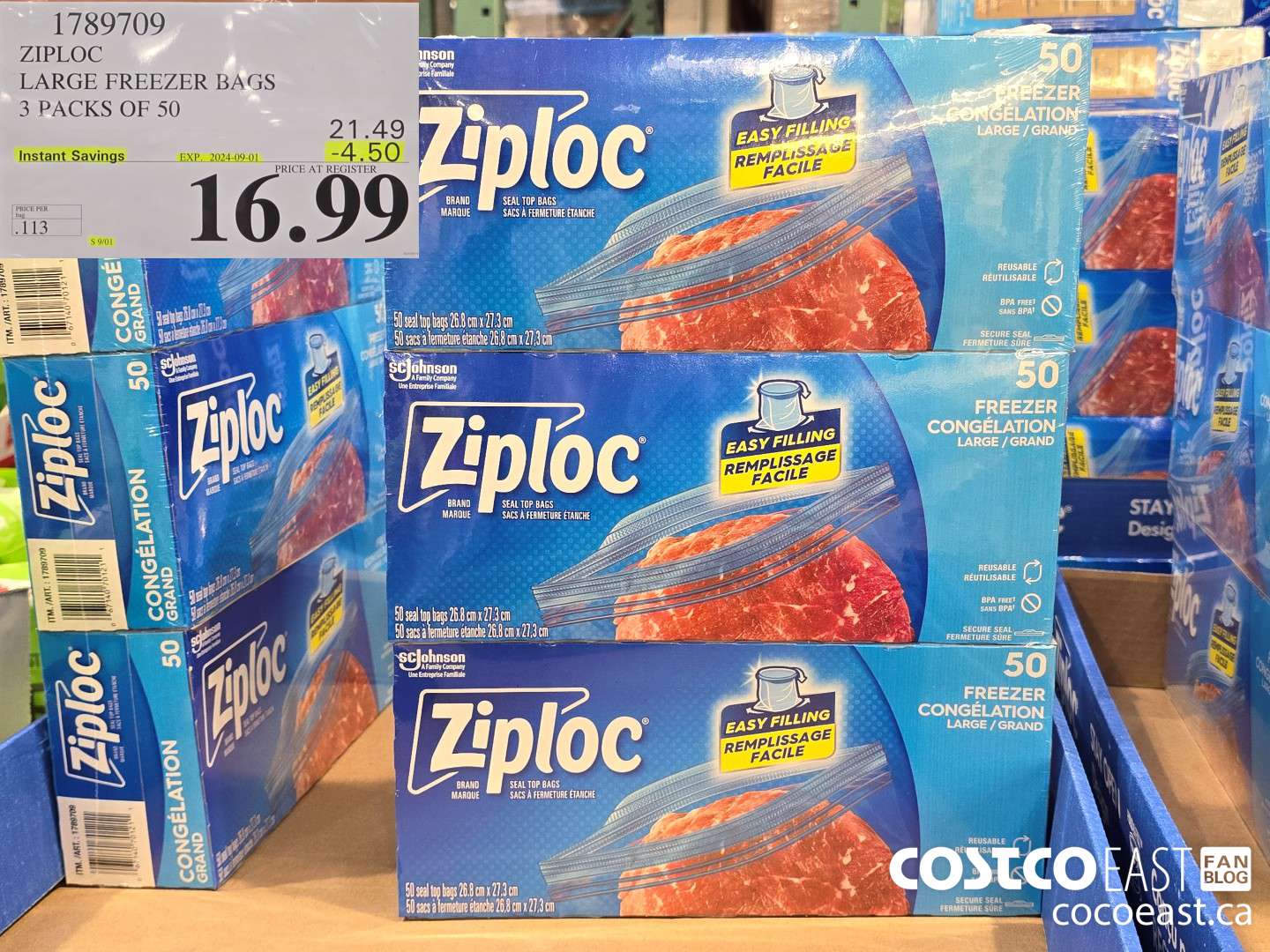 1789709 ZIPLOC LARGE FREEZER BAGS 3 PACKS OF 50 ($4.50 INSTANT SAVINGS EXPIRES ON 2024-09-01) $16.99