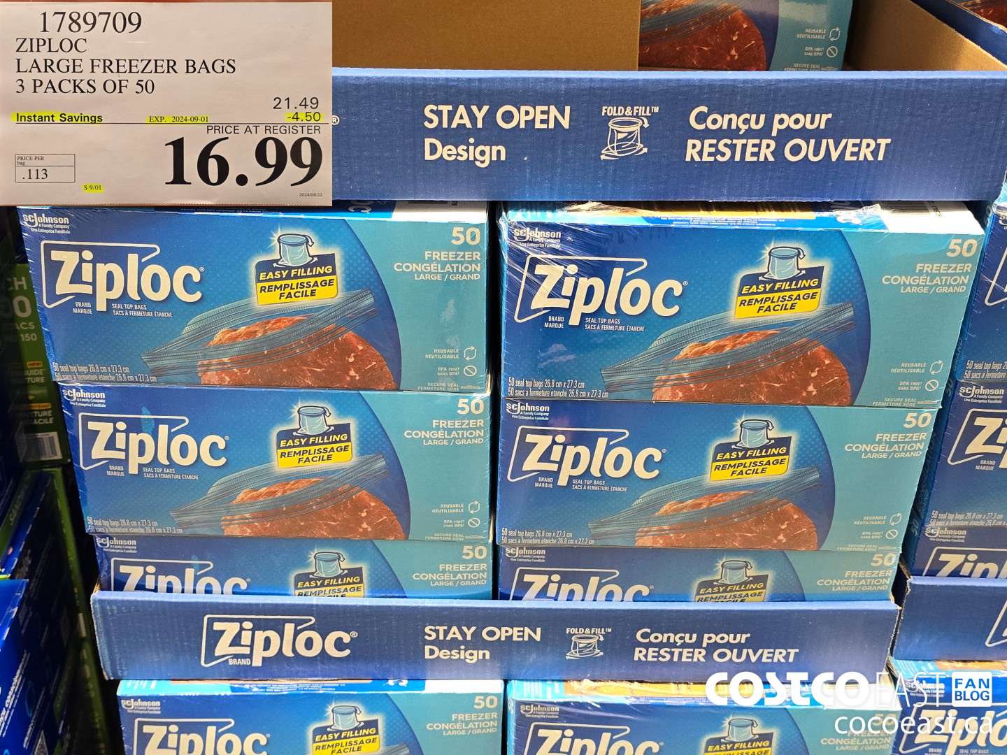 1789709 ZIPLOC LARGE FREEZER BAGS 3 PACKS OF 50 ($4.50 INSTANT SAVINGS EXPIRES ON 2024-09-01) $16.99