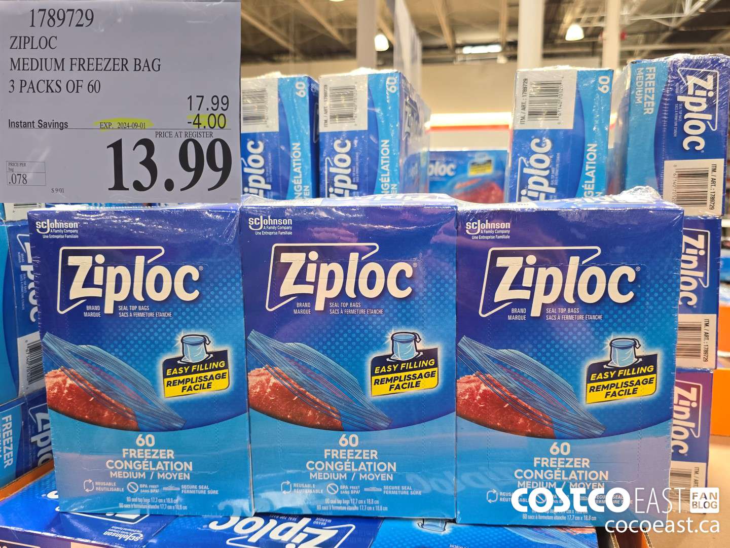 1789729 ZIPLOC MEDIUM FREEZER BAG 3 PACKS OF 60 ($4.00 INSTANT SAVINGS EXPIRES ON 2024-09-01) $13.99