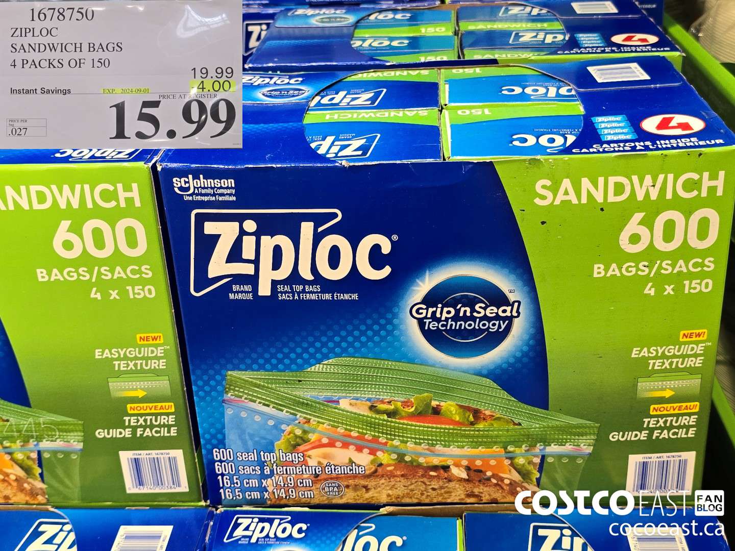 1678750 ZIPLOC SANDWICH BAGS 4 PACKS OF 150 ($4.00 INSTANT SAVINGS EXPIRES ON 2024-09-01) $15.99
