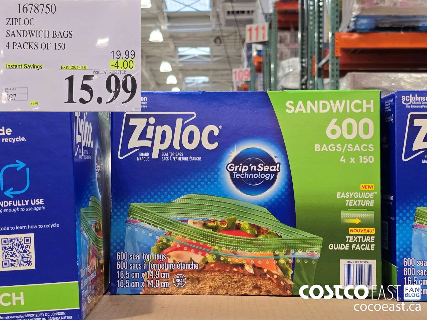 1678750 ZIPLOC SANDWICH BAGS 4 PACKS OF 150 ($4.00 INSTANT SAVINGS EXPIRES ON 2024-09-01) $15.99