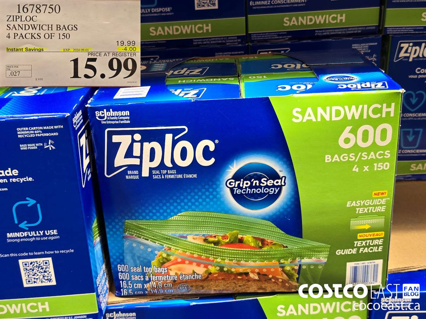 1678750 ZIPLOC SANDWICH BAGS 4 PACKS OF 150 ($4.00 INSTANT SAVINGS EXPIRES ON 2024-09-01) $15.99