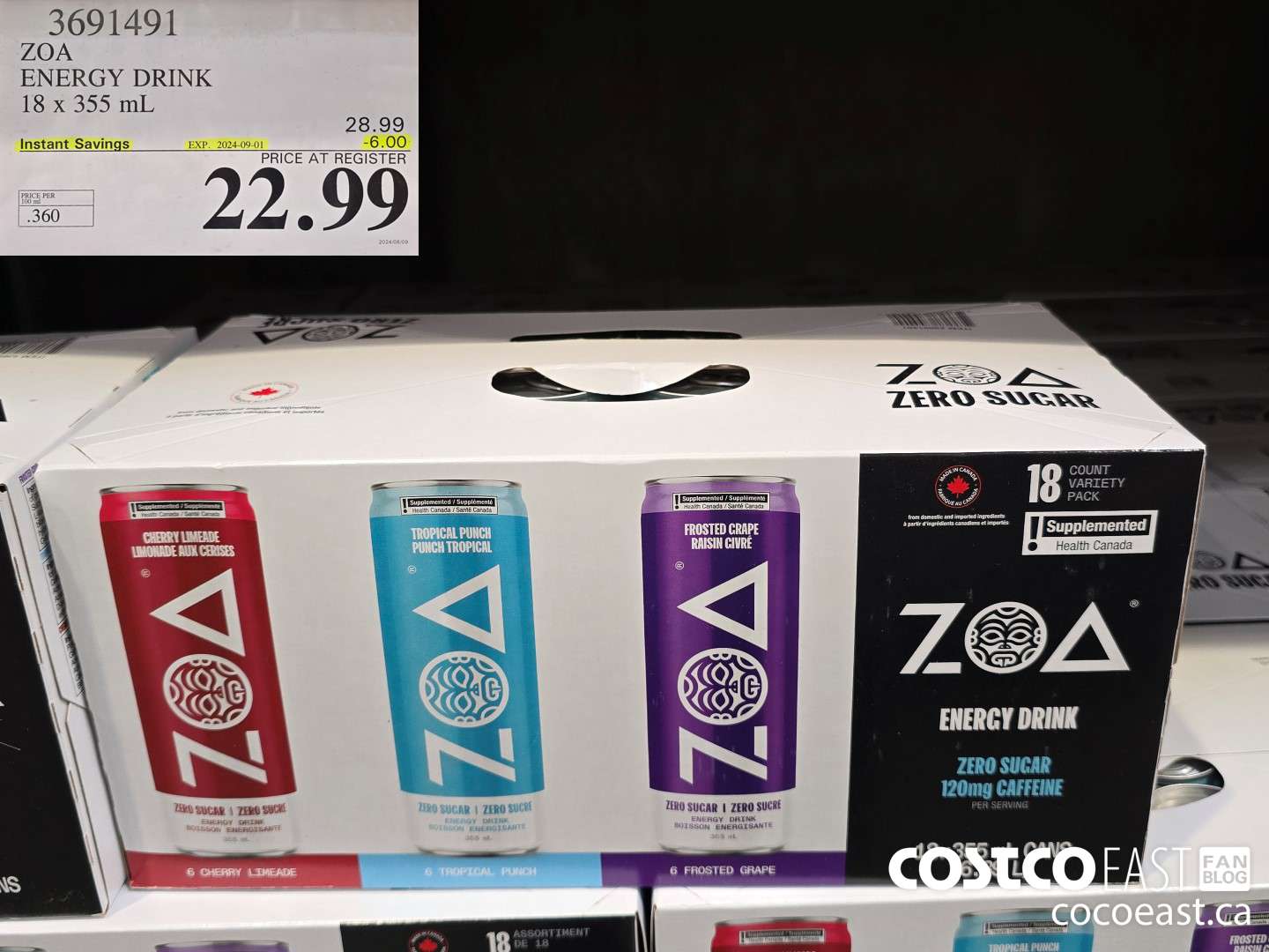 3691491 ZOA ENERGY DRINK 18 x 355 mL ($6.00 INSTANT SAVINGS EXPIRES ON 2024-09-01) $22.99