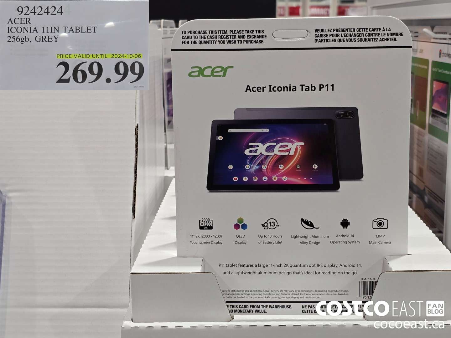 9242424 ACER ICONIA 11IN TABLET 256GB, GREY $269.99