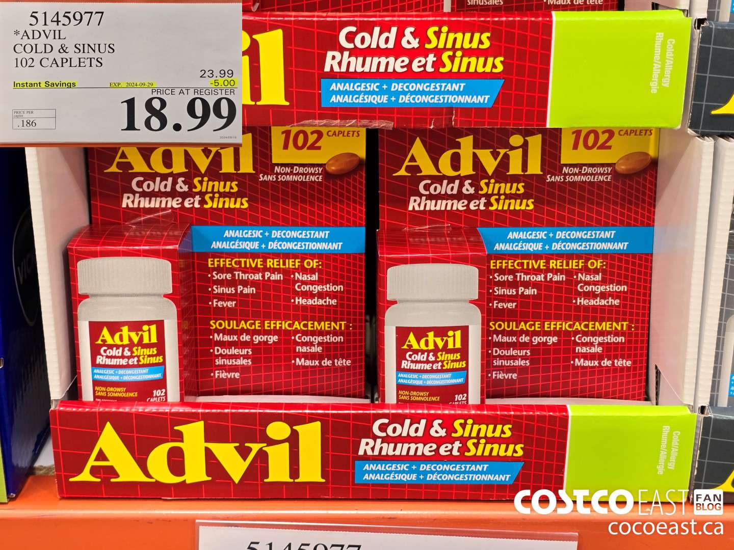 5145977 ADVIL COLD & SINUS 102 CAPLETS ($5.00 INSTANT SAVINGS EXPIRES ON 2024-09-29) $18.99