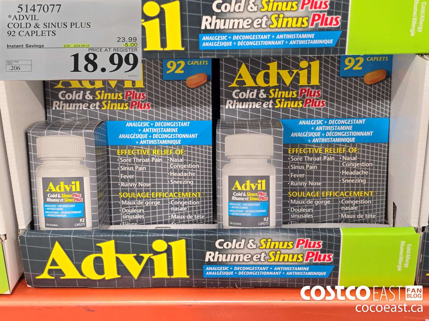 5147077 ADVIL COLD & SINUS PLUS 92 CAPLETS ($5.00 INSTANT SAVINGS EXPIRES ON 2024-09-15) $18.99