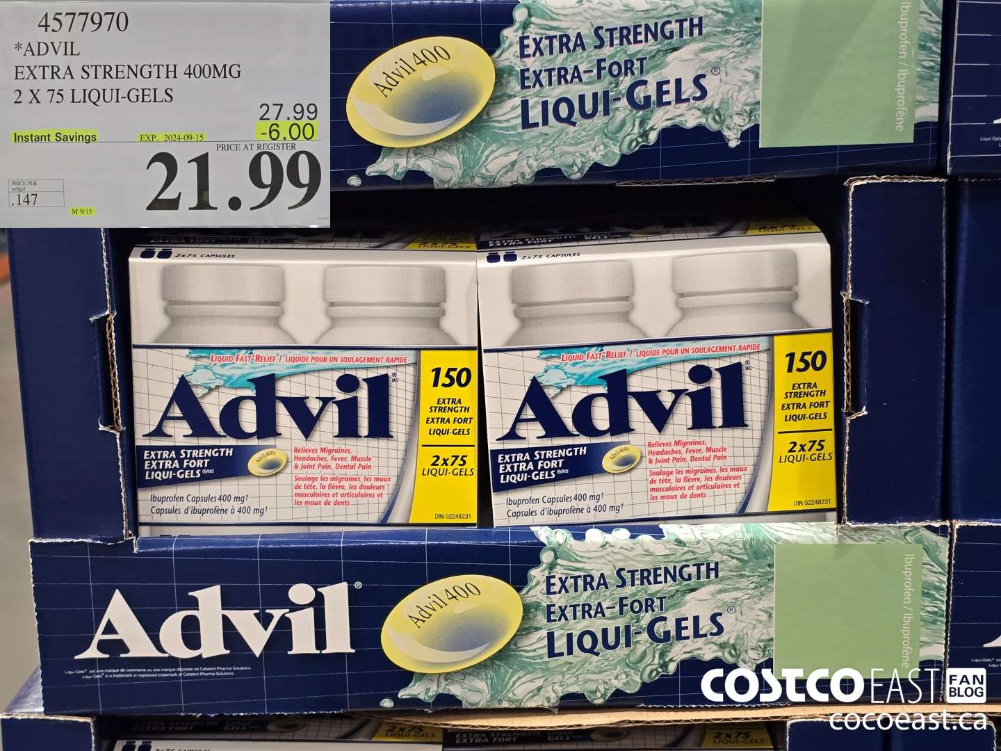 4577970 ADVIL EXTRA STRENGTH 400 MG 2 X 75 LIQUI-GELS ($6.00 INSTANT SAVINGS EXPIRES ON 2024-09-15) $21.99