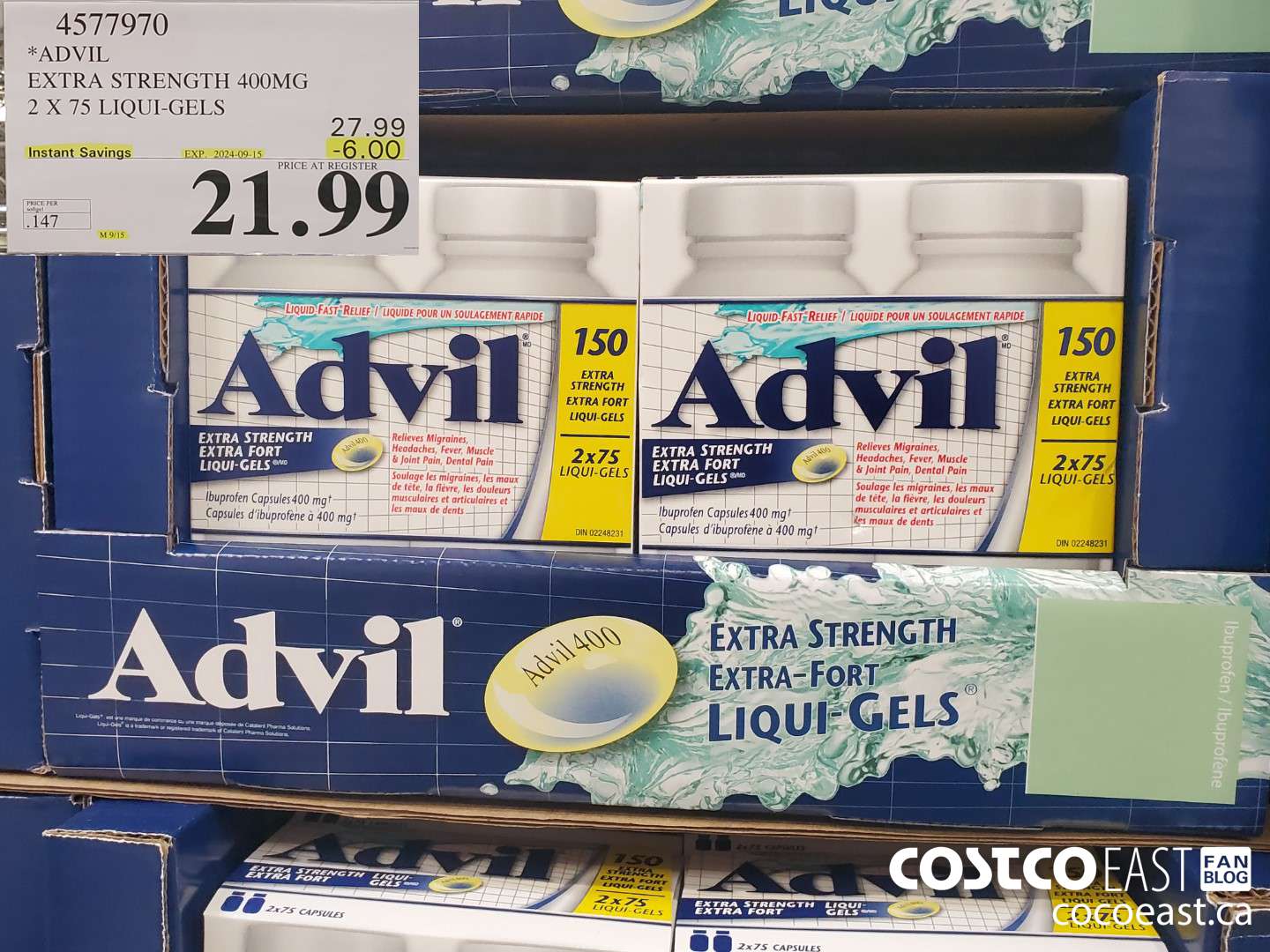 4577970 ADVIL EXTRA STRENGTH 400 MG 2 X 75 LIQUI-GELS ($6.00 INSTANT SAVINGS EXPIRES ON 2024-09-15) $21.99