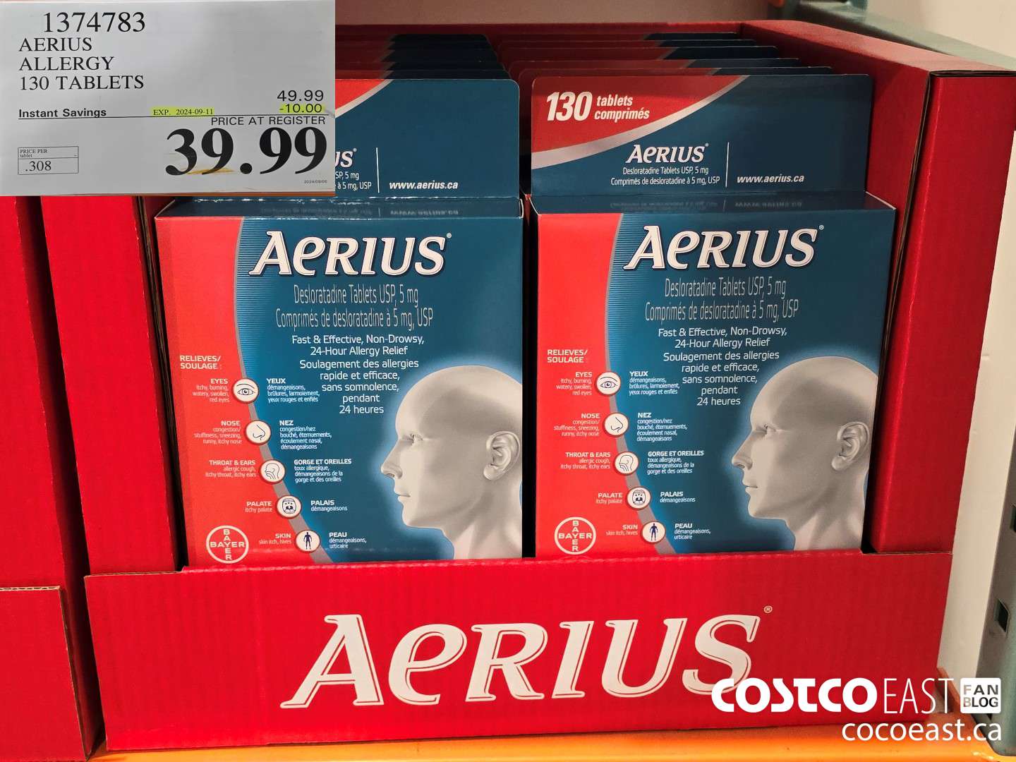 1374783 AERIUS ALLERGY 130 TABLETS ($10.00 INSTANT SAVINGS EXPIRES ON 2024-09-11) $39.99