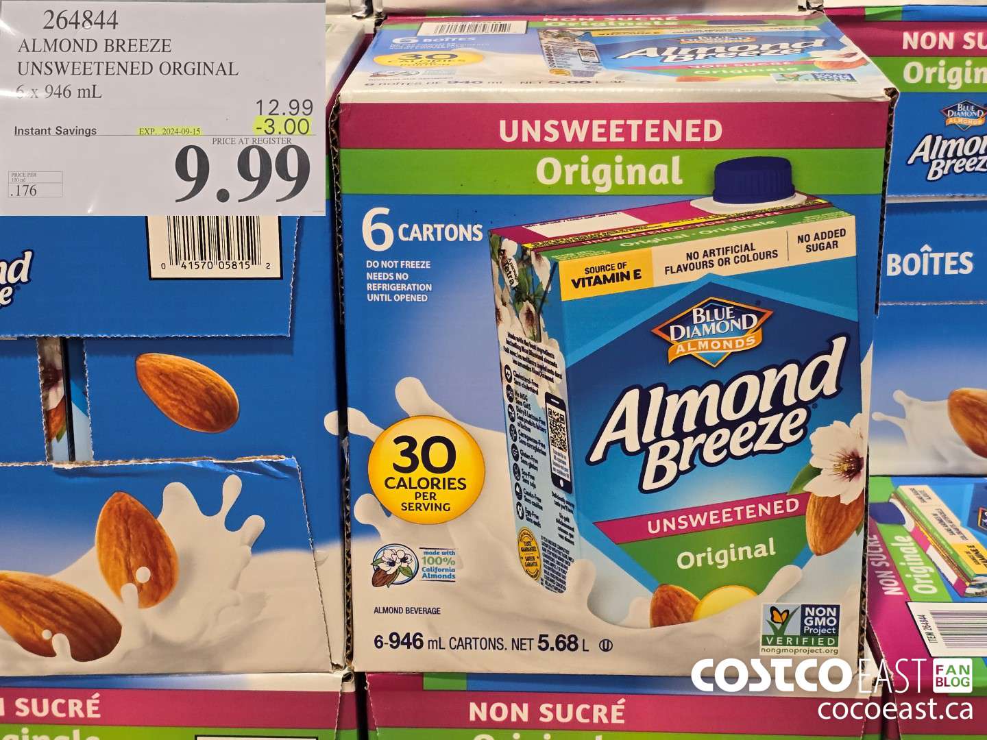 264844 ALMOND BREEZE UNSWEETENED ORIGINAL 6 X 946 ML ($3.00 INSTANT SAVINGS EXPIRES ON 2024-09-15) $9.99