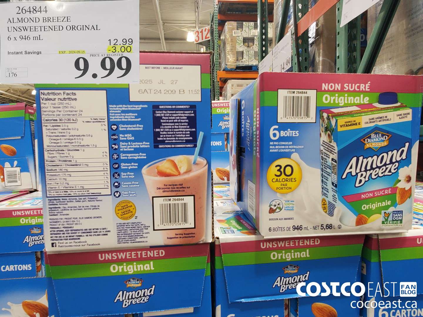 264844 ALMOND BREEZE UNSWEETENED ORIGINAL 6 X 946 ML ($3.00 INSTANT SAVINGS EXPIRES ON 2024-09-15) $9.99