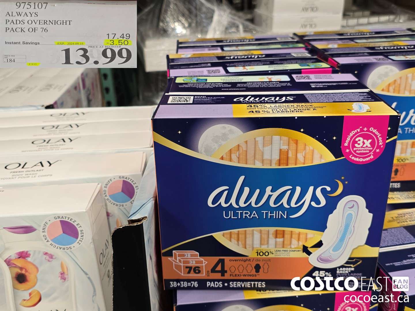 975107 ALWAYS ULTRA THIN PADS OVERNIGHT PACK OF 76 ($3.50 INSTANT SAVINGS EXPIRES ON 2024-09-15) $13.99