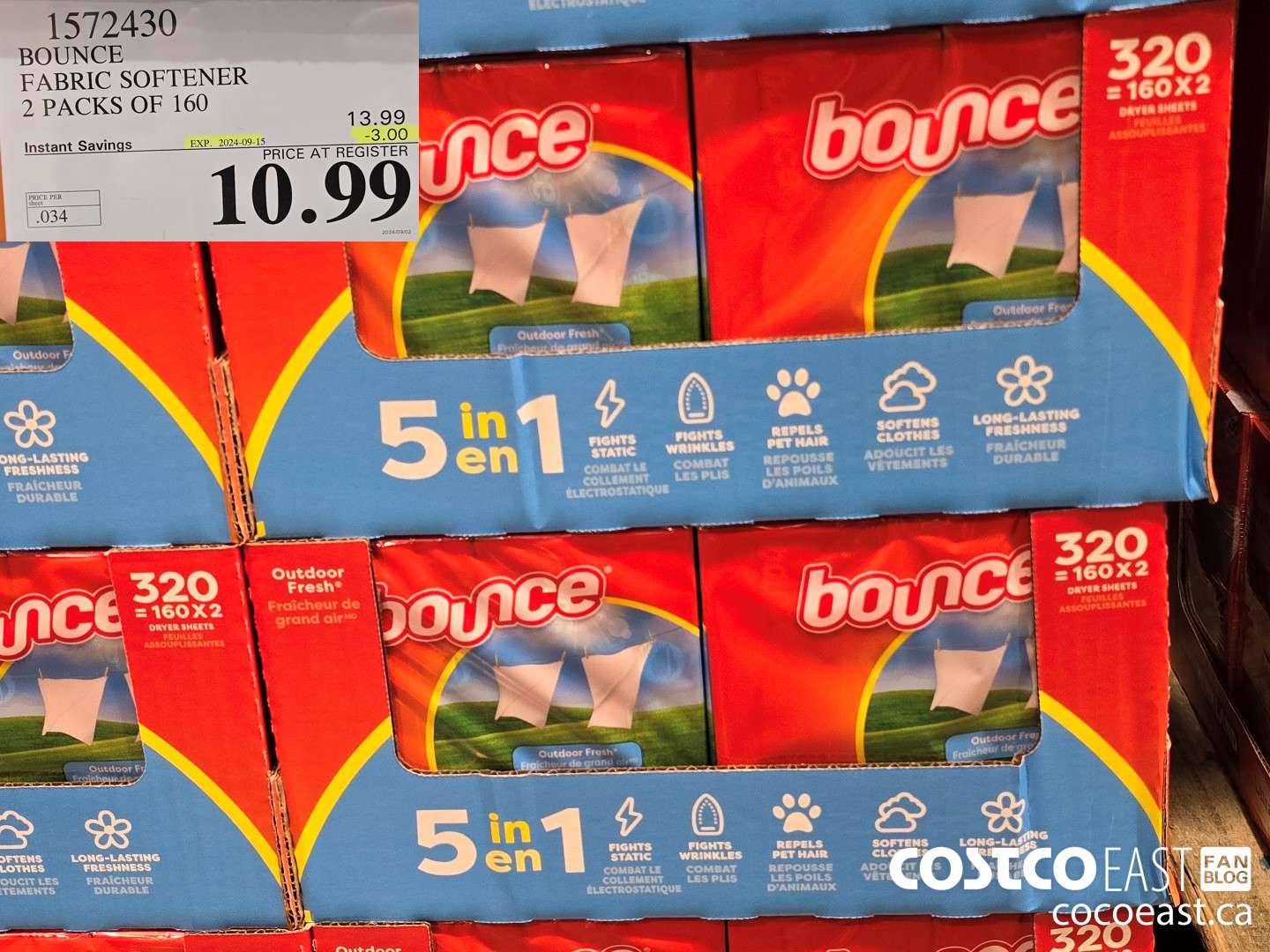 1572430 BOUNCE FABRIC SOFTENER 2 PACKS OF 160 ($3.00 INSTANT SAVINGS EXPIRES ON 2023-09-15) $10.99